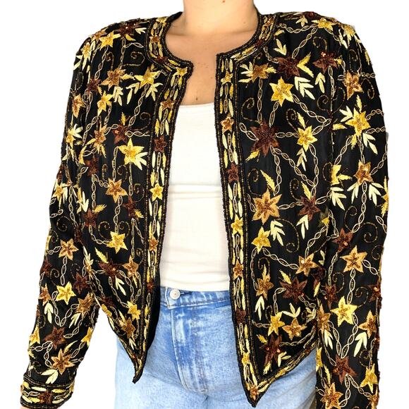 Vintage Scala Brown Beige Floral Beaded Embellished Silk Jacket Large - Picture 2 of 5